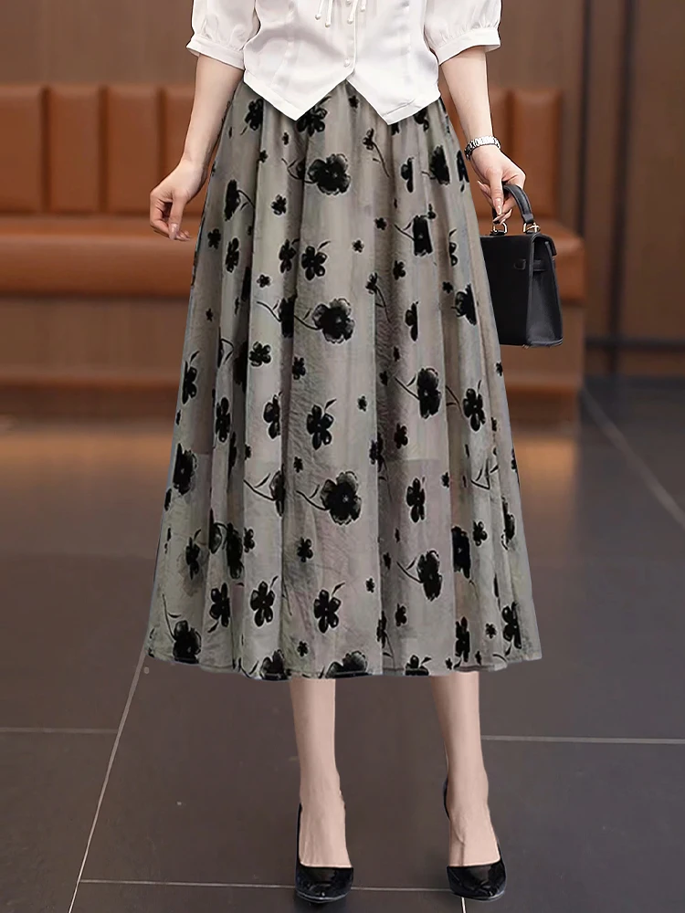 

Summer Thin Mesh A-Line Midi Skirt Women's High Waist Conceals Hips Slimming Umbrella Skirt Korean Style Casual Lace Splice