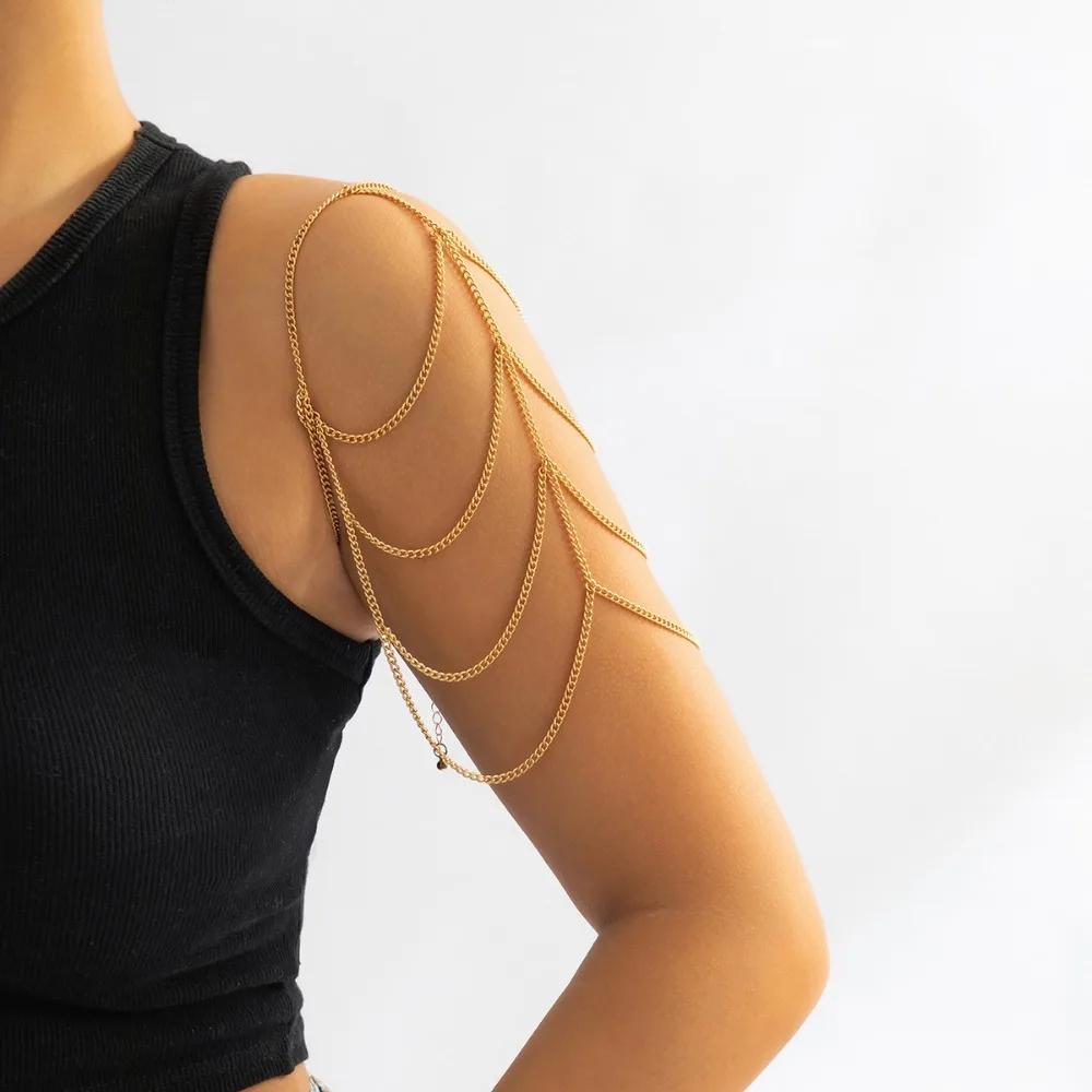 Corrente de ombro multicamada para mulheres, corrente de metal, colar punk ajustável, ornamento da moda