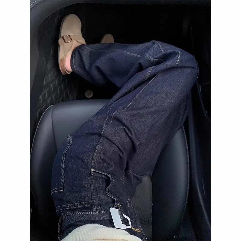 

Deep Blue Curved Knife Jeans Men's Trendy Vintage American Banana Loose Straight Leggings Long Trousers Faionable Youth Jeans