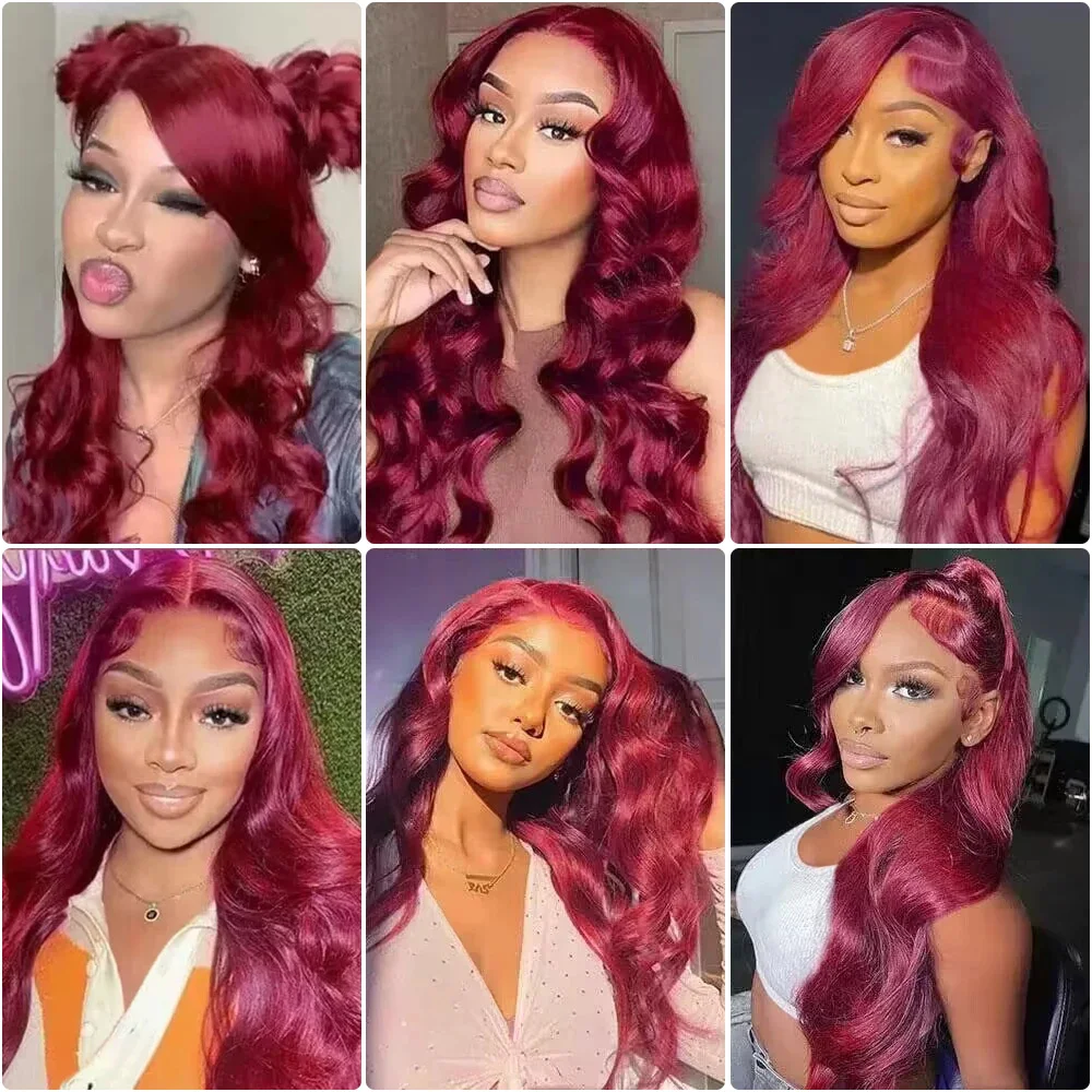 13x6HD الدانتيل شعر مستعار أمامي 99J الأحمر بورجوندي الملونة خصلات الشعر المستعار الإنسان الجسم موجة خصلات الشعر المستعار الإنسان الدانتيل الشفاف الباروكات الأمامية للنساء