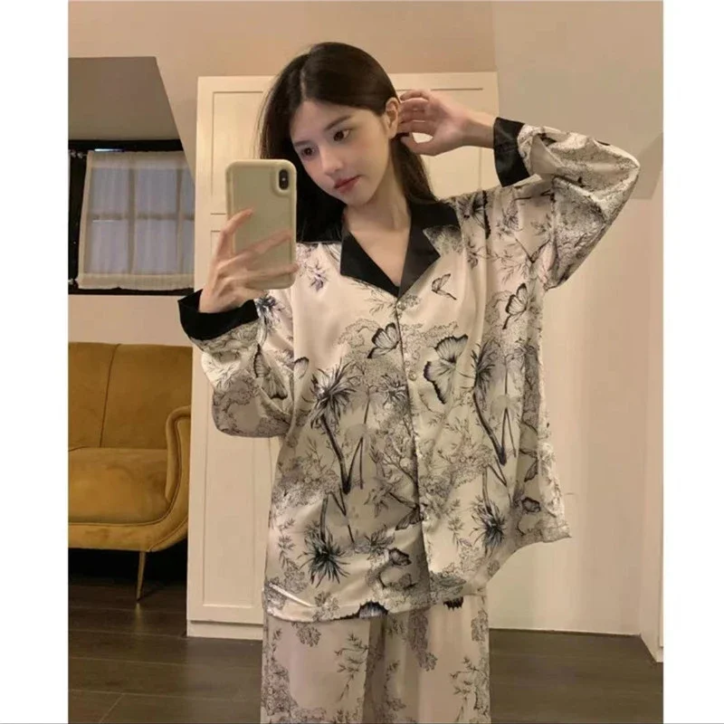 Aesthetics Art Print Simulated Silk Women\'s Pajamas 2024 New Spring Fashion Female Home Lounges Classy Long Sleeve Pant Homewear