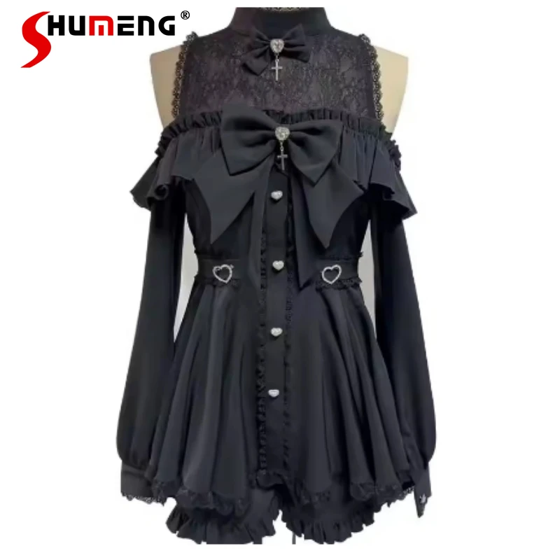 

Japanese Mine Series Mass-produced Off-shoulder Lace Long-sleeved Dress + Shorts Two-piece Set Women's Spring Lolita Outifits