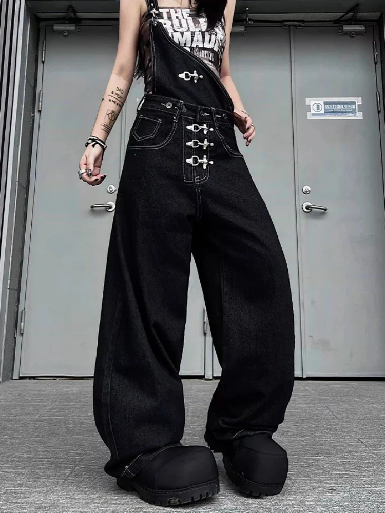 

Korean women's overalls, jeans, airplane buckle, solid color metal buckle, casual street wear, straight leg wide leg loose denim