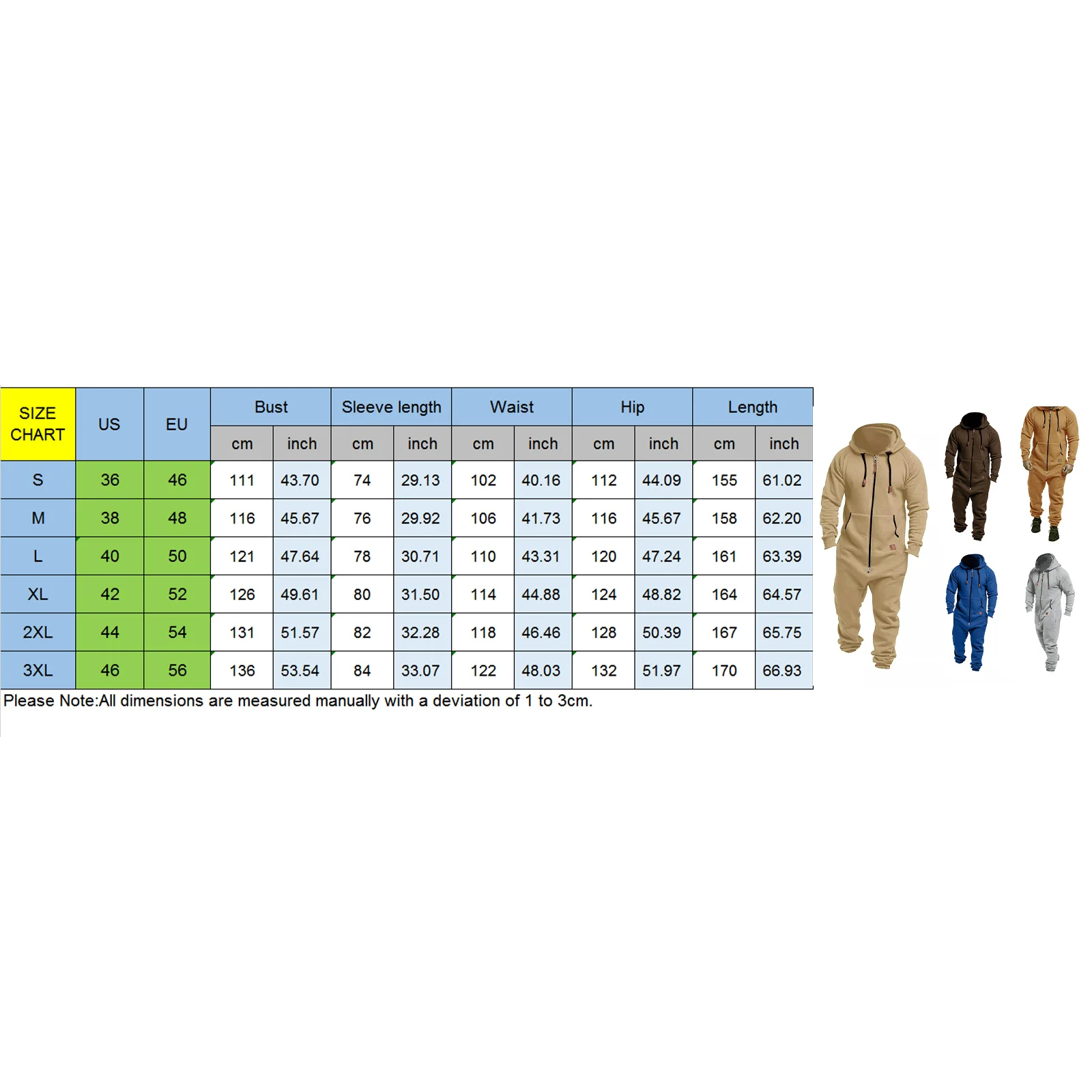 Men's Long Sleeve Full Zipper Up Overalls Sweatsuits with Drawstring Winter Hooded Jumpsuits with Pockets