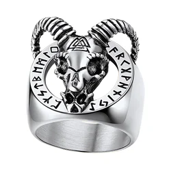 U7 Men Rings Stainless Steel Viking Rune Valknut Symbol Goat Skull Ring Animal Charm Size 7-14 Gothic Punk Jewelry Gift for Him