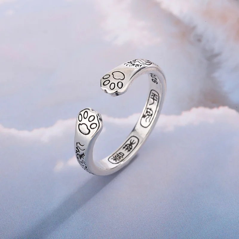 

New Sweet And Girly Cat Paw Scroll Pattern 925 Sterling Silver Cute Childlike Opening Rings TYB588