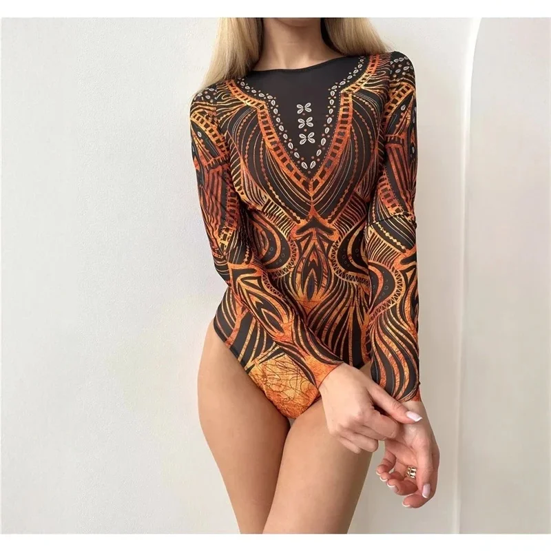 Retro Long-sleeve One-piece Swimsuit Sexy Mesh Print Women High Waist Swimsuit Summer Beach Bikini Swimwear Multi-color Options