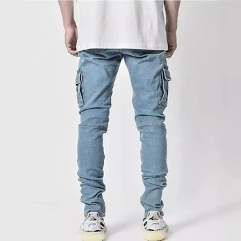 Men Street Elastic Denim Jeans Wash Solid Color Multi Pockets Cargo Pants Casual Slim Fit Daily Wear Joggers Mid Waist Trousers 2