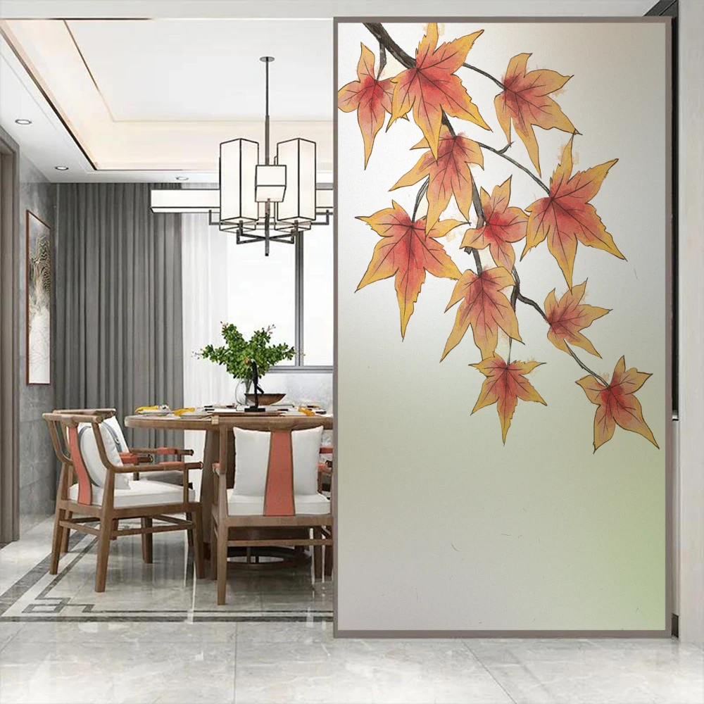 Window Privacy Film UV Blocking Heat Control Window Covering Static Cling Leaves Painting Pattern Window Sticker for Decoration