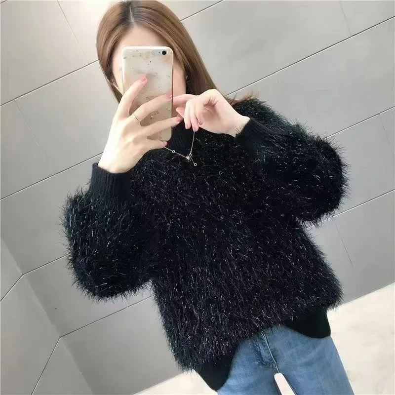 2023 New Style Mohair Knit Sweater Women Pullover Winter Fashion Shiny Soft Warm Pullover Women Loose Sweater Casual Top Unif