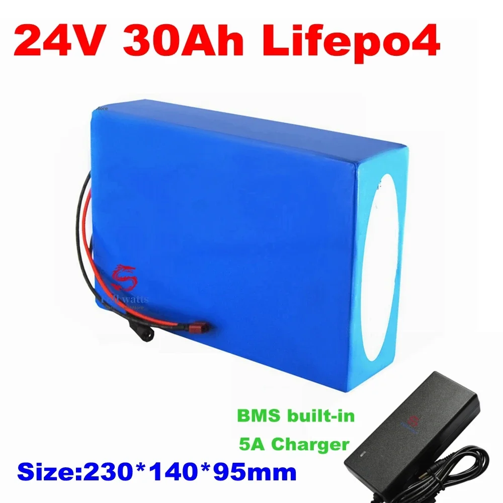 rechargeable Lifepo4 24V 30Ah Lithium battery pack with BMS for scooter bike Golf Carts Inverter Solar energy EV +5A Charger