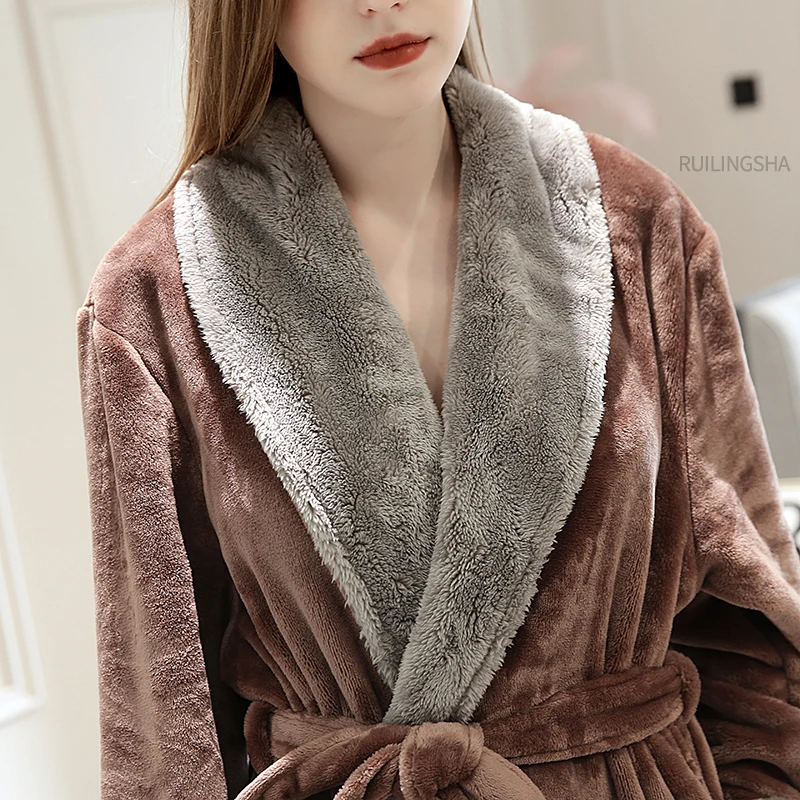 Women Extra Long Thermal Flannel Fur Bathrobe Plus Size Winter Warm Pregnant Bath Robe Zipper Hooded Dressing Gown Men Sleepwear