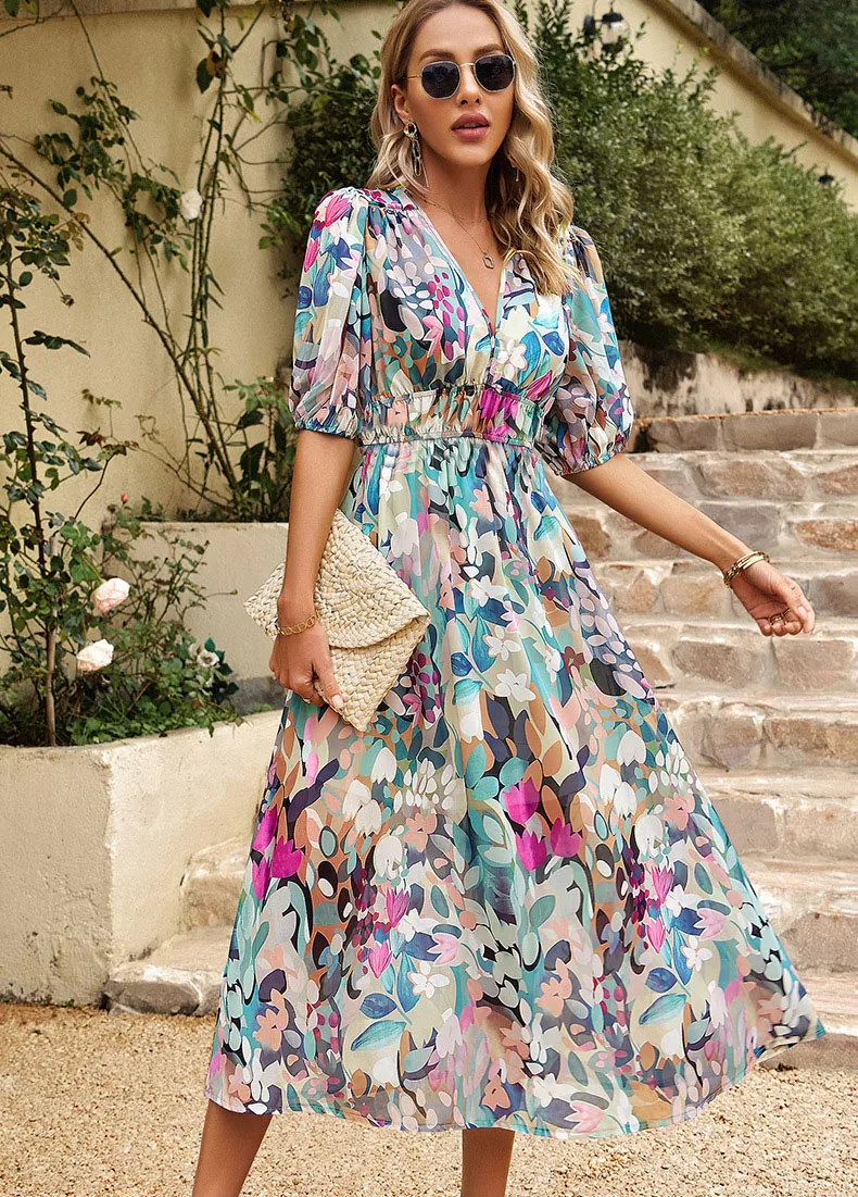 2025 ฤดูร้อน Chic V คอชีฟองดอกไม้ Maxi ชุด Cinched เอว Elegant Beach Party Fiesta ชุด Vestidos
