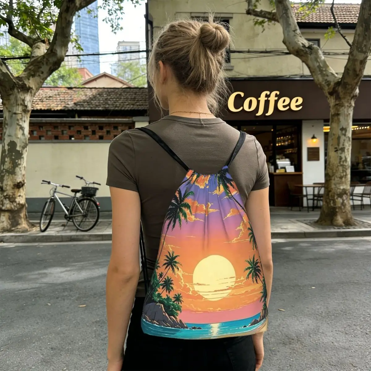 

Летние пляжные рюкзаки с дизайном пальм и закатом, повседневные сумки на шнурке, спортивные сумки, сумки для книг для мужчин, женщин и студентов