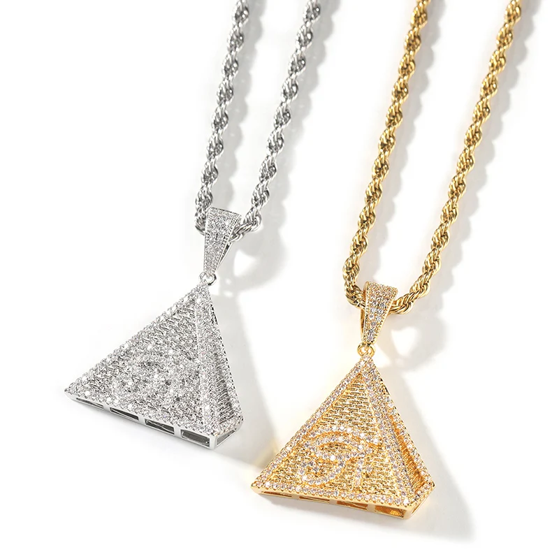 Hip Hop 3A+ CZ Stone Paved Bling Iced Out The Eye of Horus Pyramid Pendants Necklaces for Men Rapper Jewelry Gold Silver Color