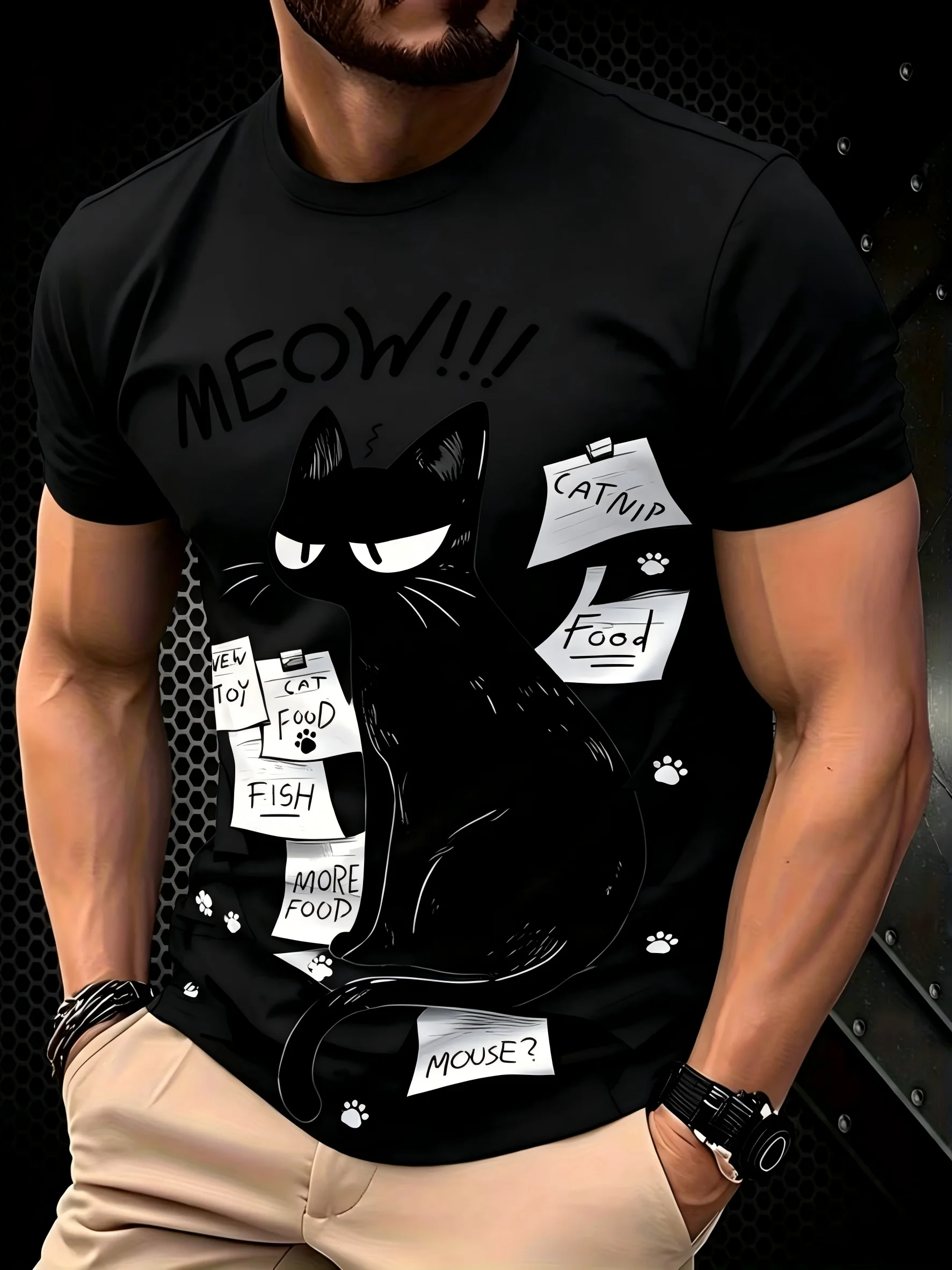 Mens T-shirt black white sketch cat memo paper food mouse text print short sleeve crew neck loose pet lover fashion tee