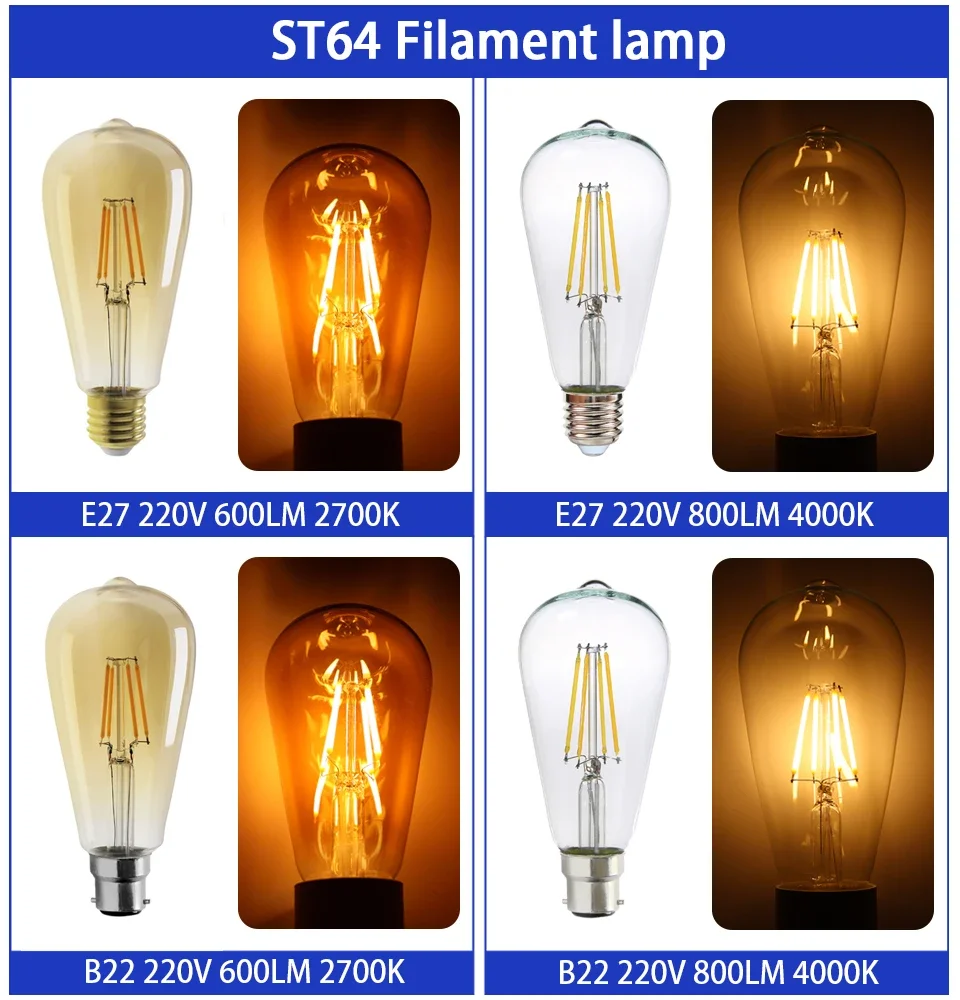 2PCS/LOT Edison Vintage Filament lamp AC220-240V 4W 8W ST64 G80 G95 2700K 4000K suitable for bars and coffee shops