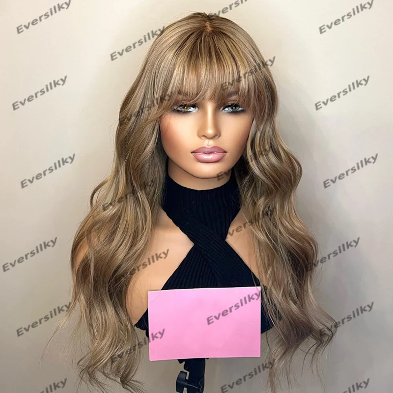 Thick Bangs Cut Glueless Remy Ash Blonde Human Hair Wigs for Black Women Transparent 13x4 Fringe Lace Front Wigs Natural Hair