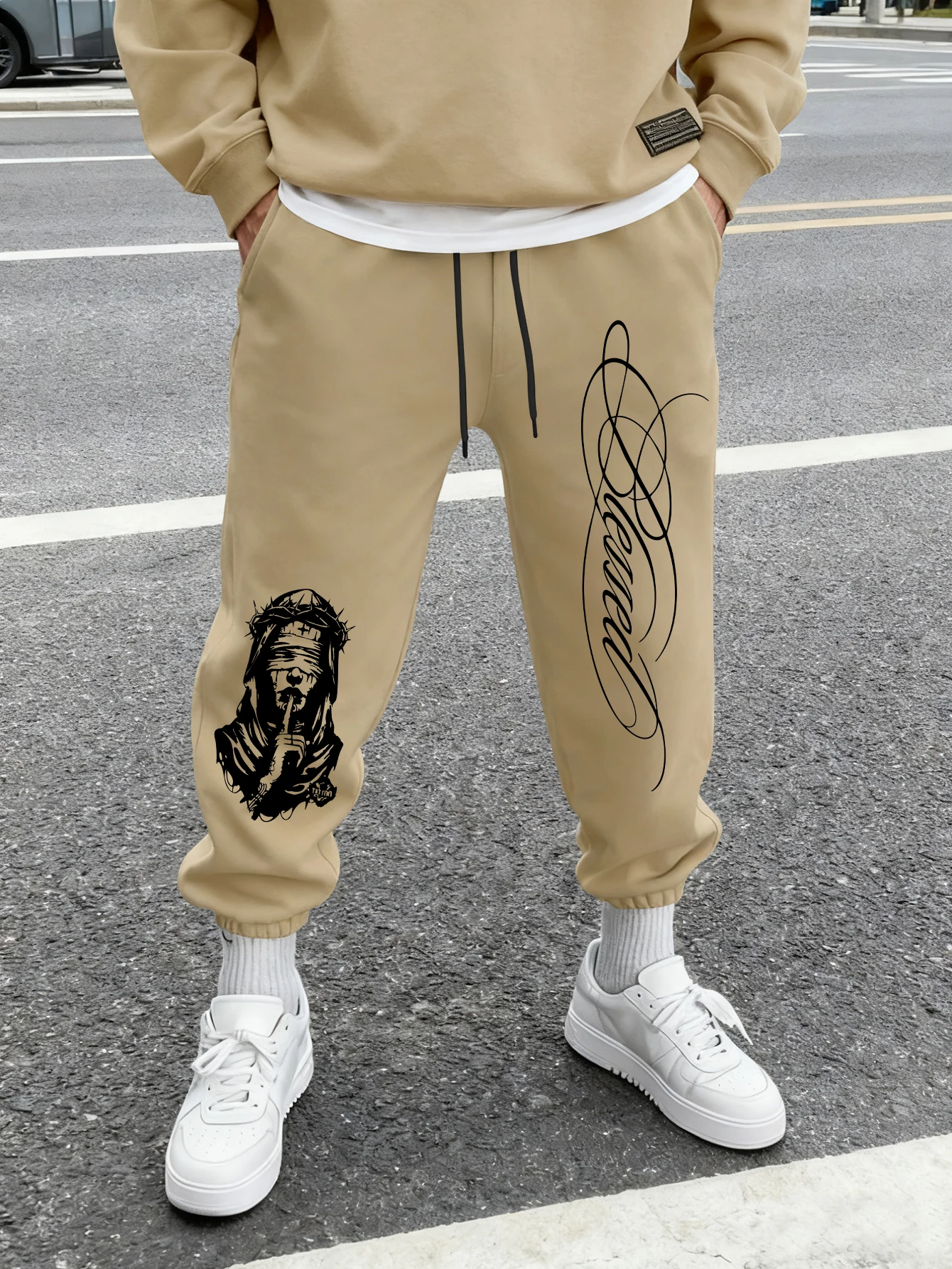 Men Jogger Sweatpants Gothic Blind Saint Figure Cursive Letter Print Drawstring Elastic Cuff Streetwear Trousers
