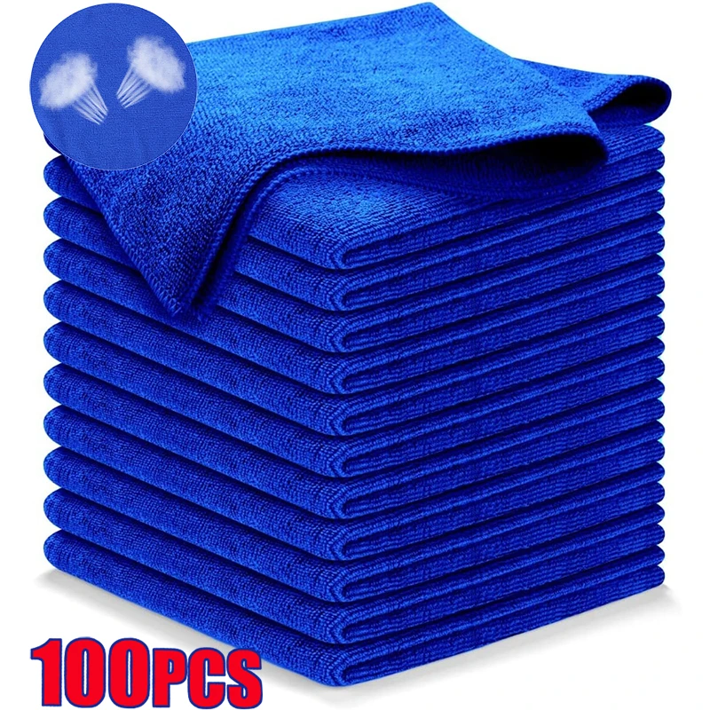 50/100PCS Car Wash Microfiber Cleaning Towel Blue Drying Cloth Detailing Cleaning Polishing Duster Kitchen Household Accessories