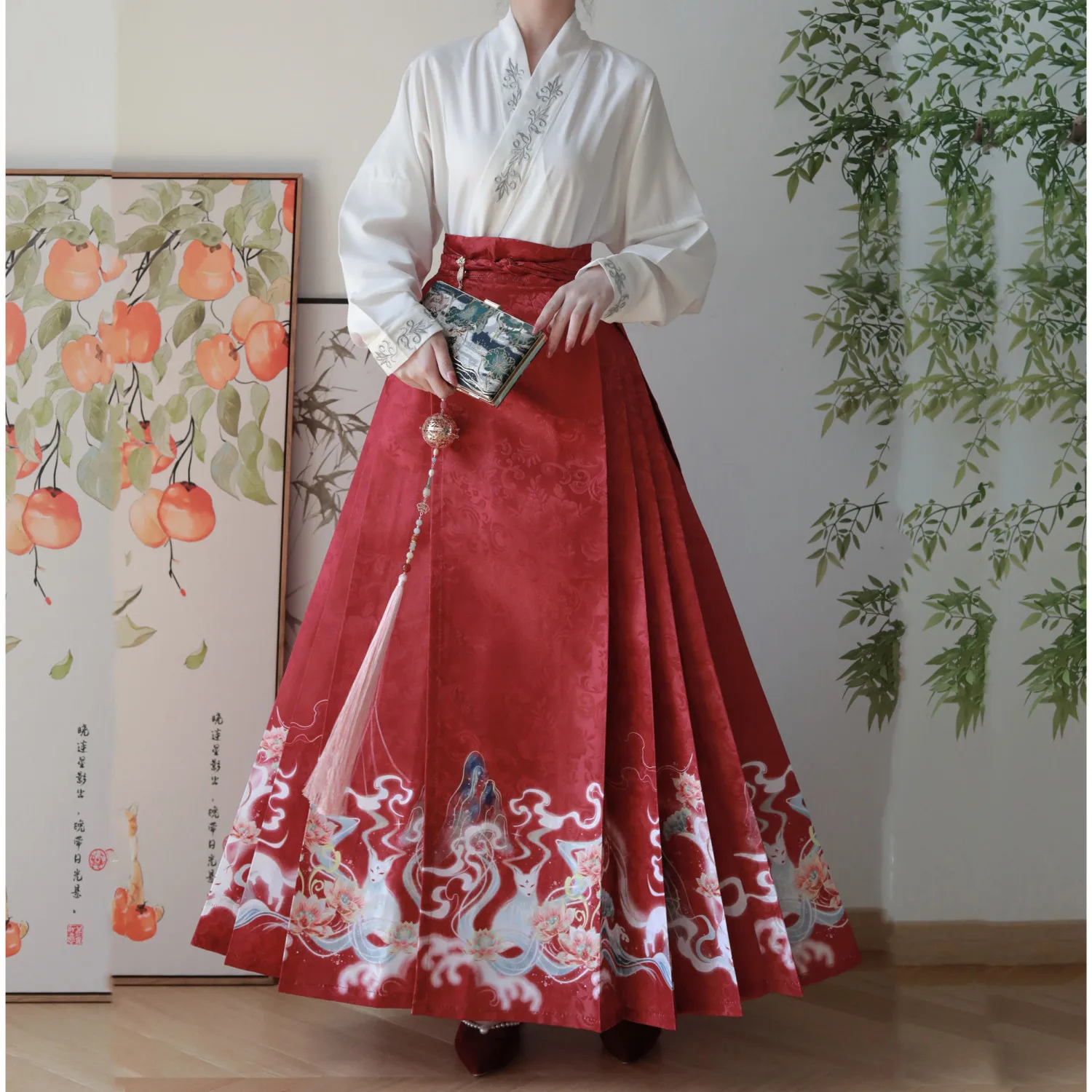 

2024Chinese Traditional Hanfu Cardigan Shirt + Red Pleated Mamian Skirt Vintage Chinese Hot Hanfu Shirt Horse Face Skirt Set Y2K