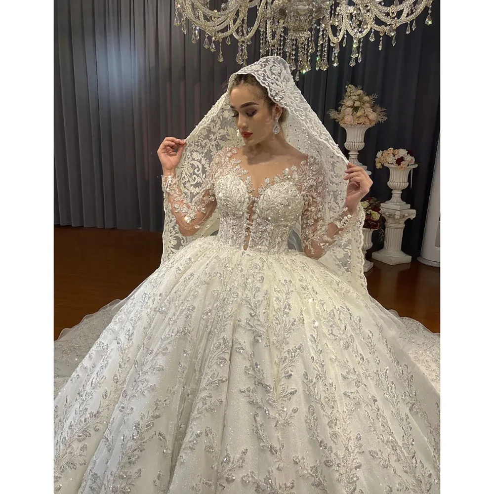 Splendido abito da sposa a maniche lunghe a-line per le donne Paillettes Appliques Abito da sposa Abiti con o-collo Vestido De Novia Personalizzato