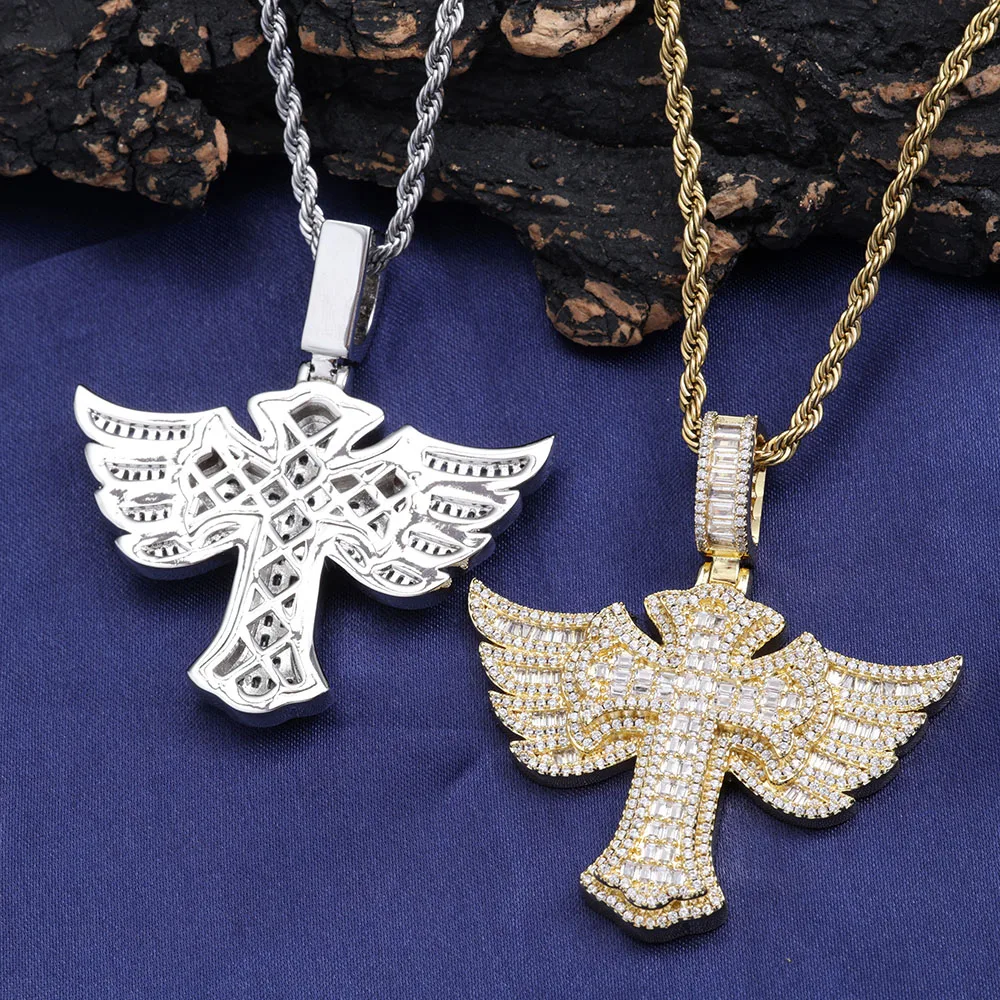 Hip Hop Jewelry Iced Out Cubic Zircon Wings Cross Charm Pendant Bling Men's Mixed Inlay Cross Pendant Necklace for Party Gift