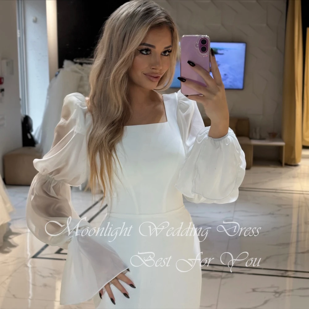 Elegantes Meerjungfrau-Hochzeitskleid mit quadratischem Kragen 2026, Laternenärmel, offener Rücken, Sweep-Zug, Brautkleid, Vestidos de Novia, individuell gestaltet