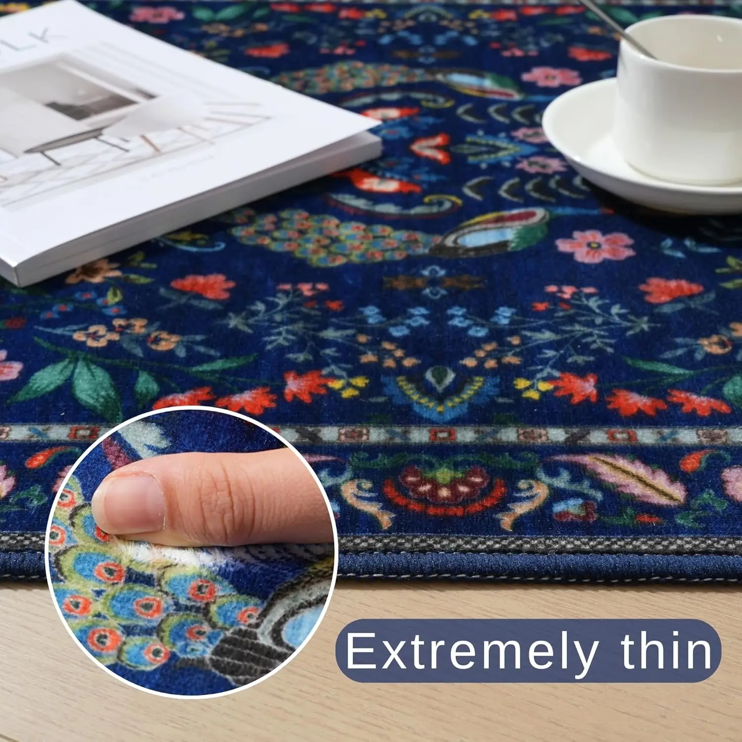 Navy Peacock Deer Floral Area Rug, Retro Vibrant Wildlife Bloom Print, Non-Slip Washable Mat for Bedroom Room Game Room Indoor - view 2