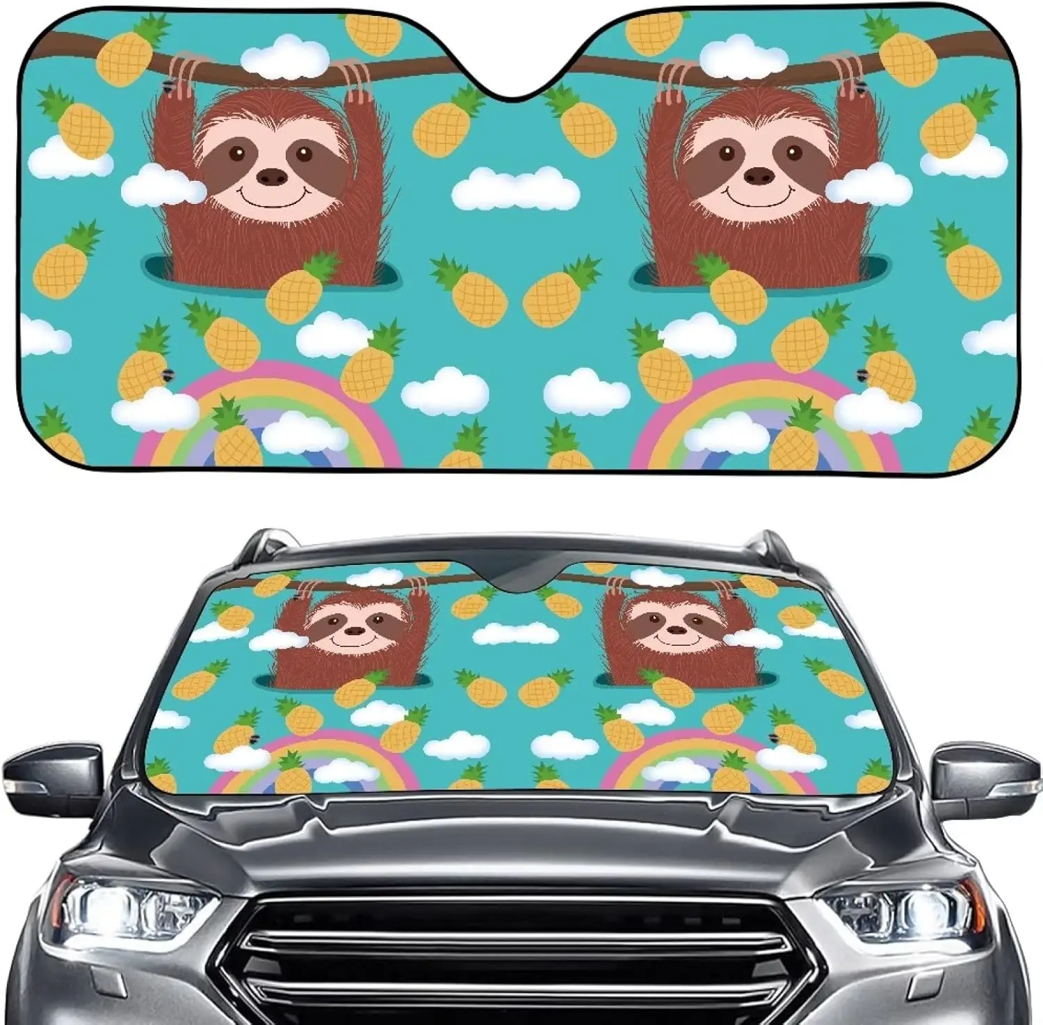 

Cute Sloth Print Car Windshield Sunshade, Pineapple Rainbow Block UV Rays Protector Keep Vehicle Cool Sun Window