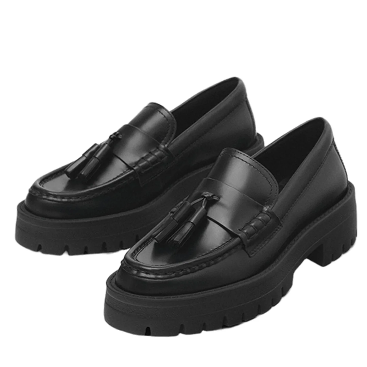 

Dave&Di British Minimalism Black Tassels Platform Sole Heightened Sole Slip-on Loafers Genuine Leather Shoes Women
