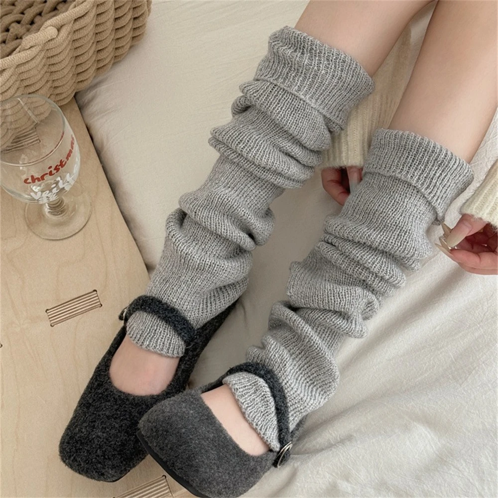 Winter Leggings Vertical Stripes Solid Color Girls Japanese Knitted Over-the-Knee Socks Lolita JK Uniform Foot Cover Leg Warmers