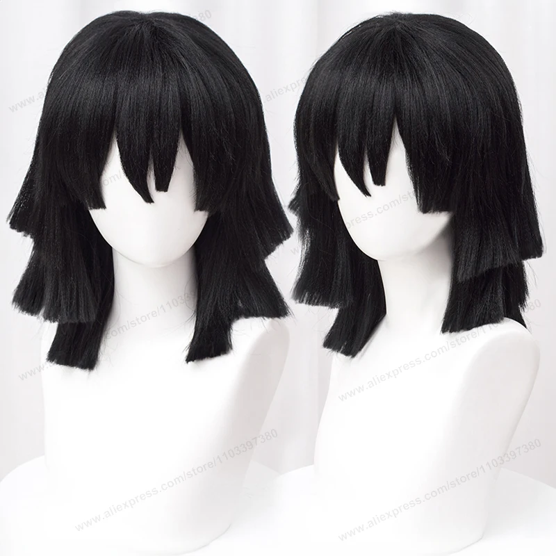 Iguro Obanai Cosplay Wig 40cm Short Black Styled Fluffy Hair Heat Resistant Hair Anime High Quality Wigs