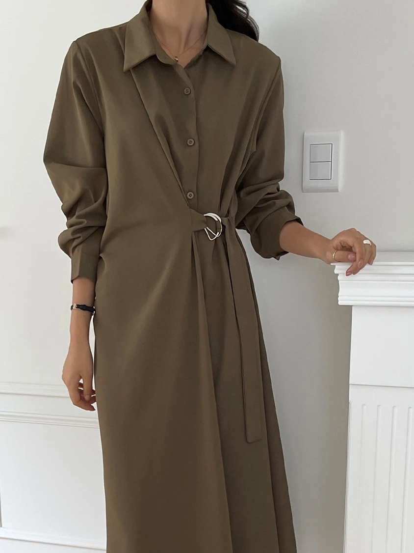 REALEFT Elegant Irregular Women's A-line Dresses 2025 New Long Sleeve Single Breasted Lace-up Casual Loose Shirts Dress Female