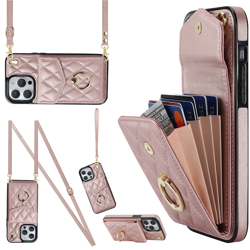 Luxurious Wallet Phone Case for iPhone 15 16 Pro Max 14 Plus 13 XR XS 7 8 Plus 11 12 Card Slot Ring Phone Holder Crossbody Cover