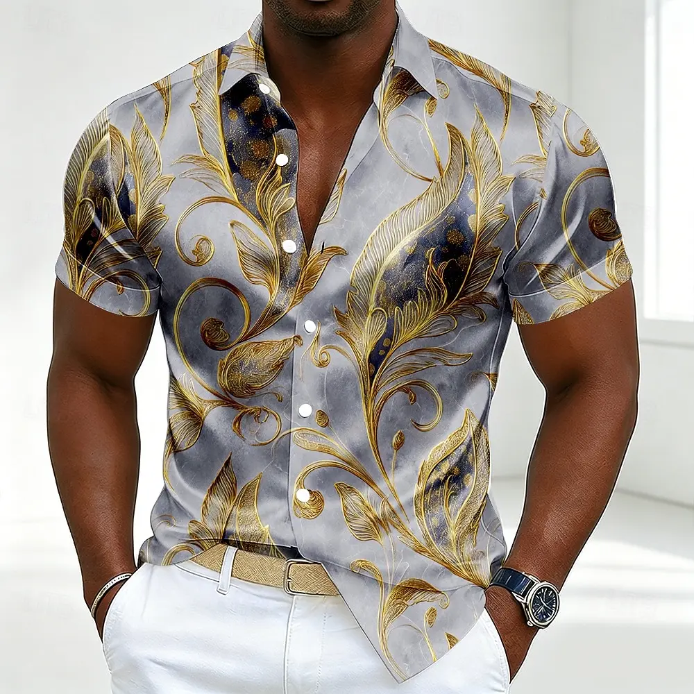 Men's Shirt Golden Scroll Leaf Print Short Sleeve Button Down Shirts Turn Collar Party Stylish Summer Casual Tops Men Clothing