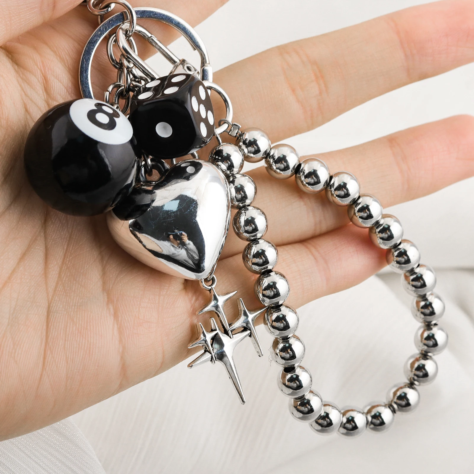 Black Dice Keychain Y2K Pink Lucky Star Burst Pendant Bag Charm Heart-Shaped Black 8-Ball Decoration Punk Style Jewelry Gift view 2