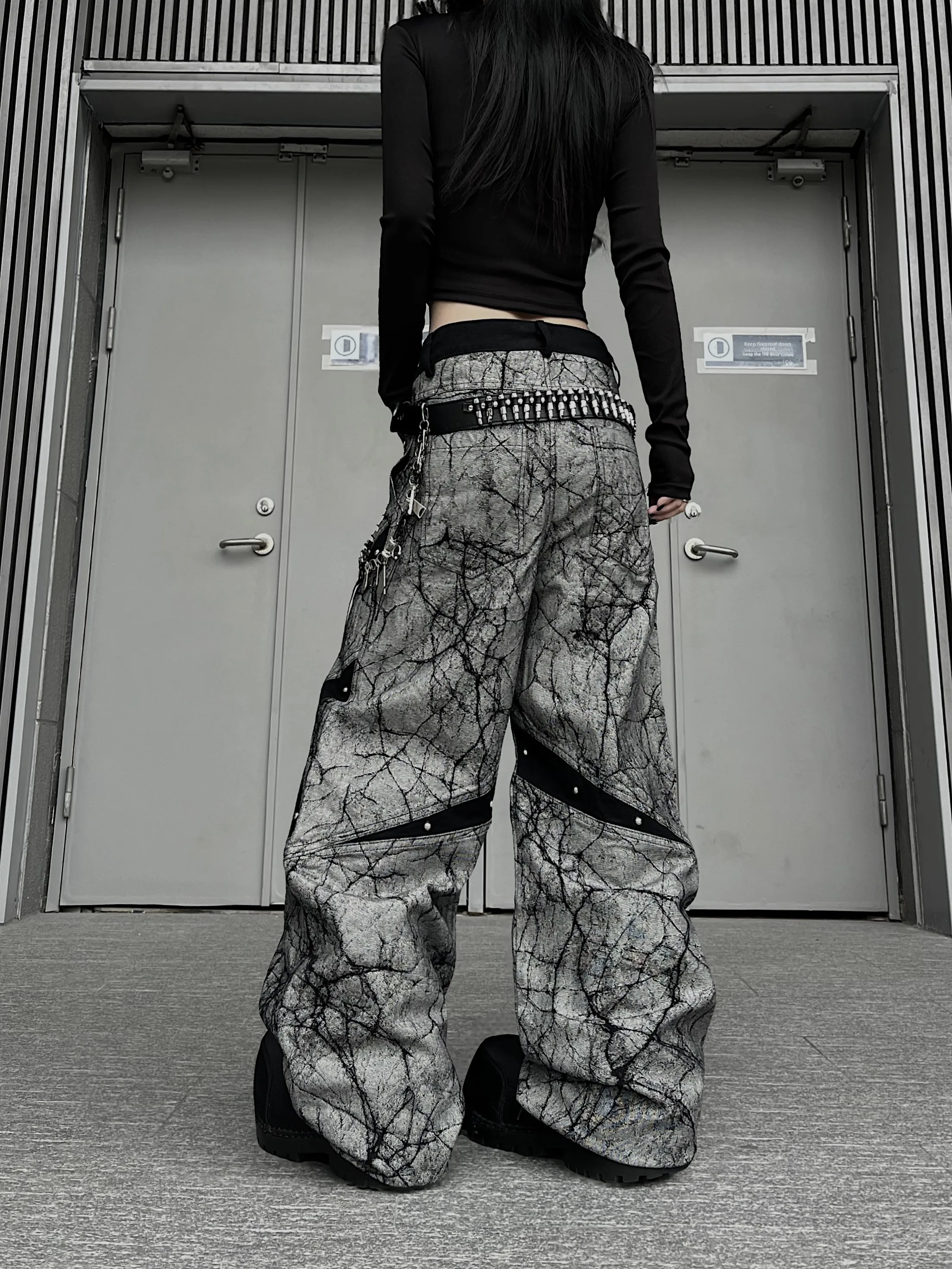

American Sle Heavy Du Cra Rivet Splicing Jeans Design Loose Wide Leg Pants Middle Waist Button Closure Casual Wear
