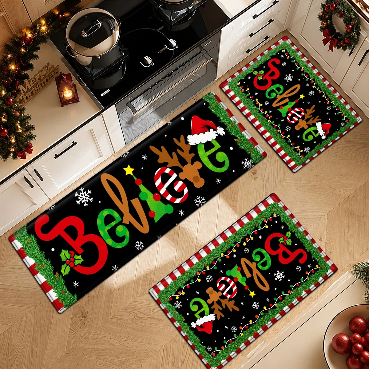 Christmas Kitchen Rugs Set Snowman Santa Xmas Print Non Slip Mat 1/2/3Pcs Options Washable Holiday Home Floor Decor
