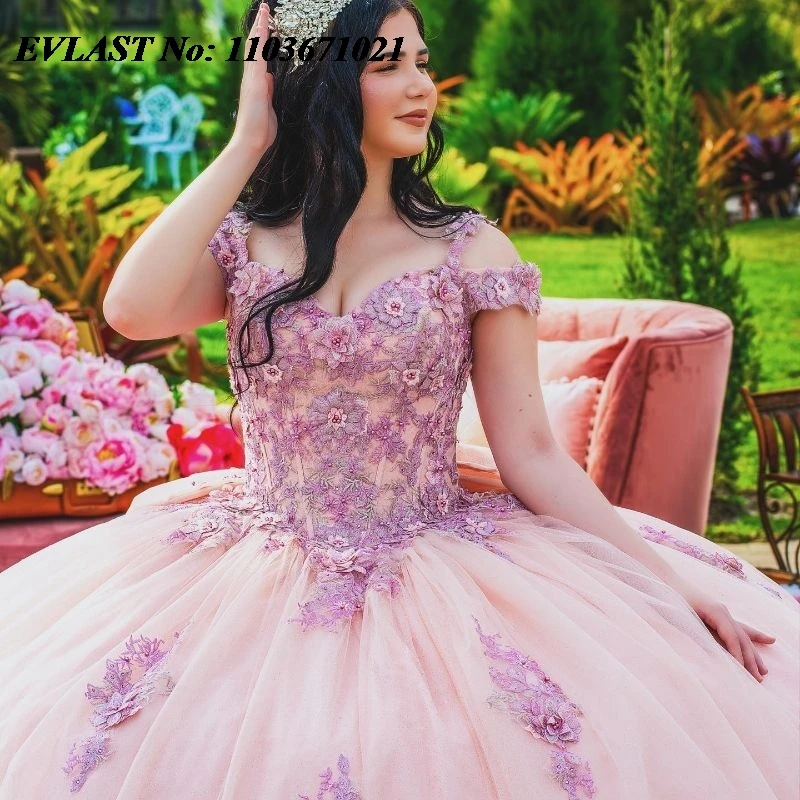 Evlast Mexican Blush Roze Quinceanera Jurk Baljurk Paarse Kanten Applique Kralenstrik Sweet 16 Vestidos De Xv 15 Anos Sq114