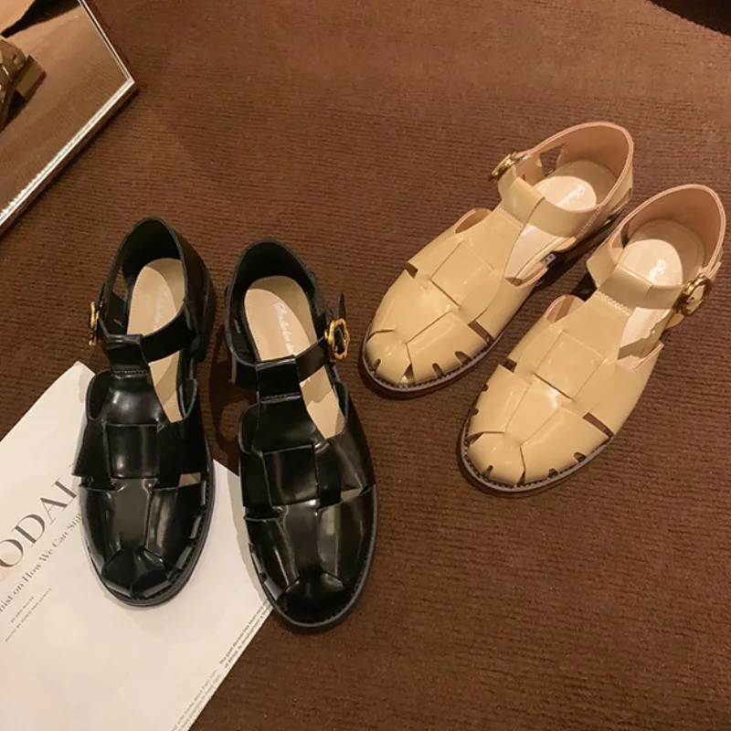 Low Sandals Woman Leather Low-heeled Slides Fabric Rubber Buckle Strap Hoof Heels Low Sandals Woman Leather Low-heeled Slides Ho