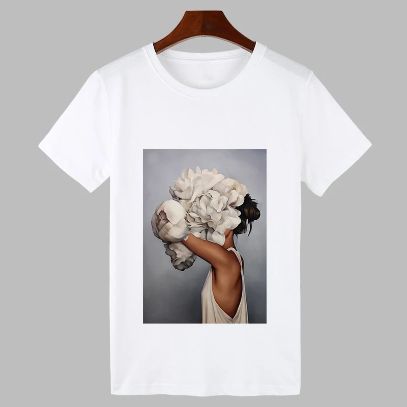 2020 Sexy Flowers Feather Print Harajuku T shirt Women Fashion Tshirt O-neck Short Sleeve T-shirt White Tops Female Clothing