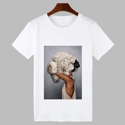 2020 Sexy Flowers Feather Print Harajuku T shirt Women Fashion Tshirt O-neck Short Sleeve T-shirt White Tops Female Clothing