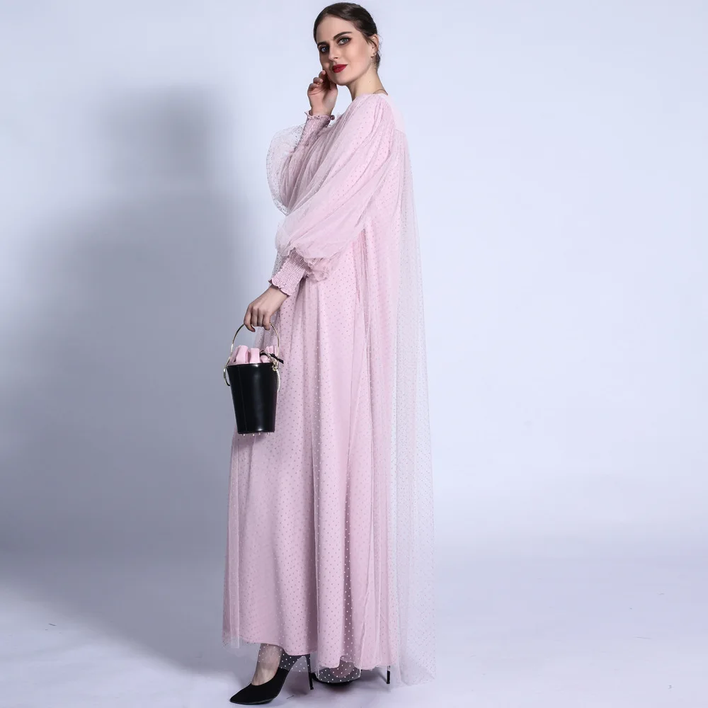 Imagem -03 - Nova Abaya Muçulmano Vestido Longo para as Mulheres Dubai Árabe Islam Kaftans Moda Polka Dot Tule Lanterna Manga Vestido de Cor Sólida 2023