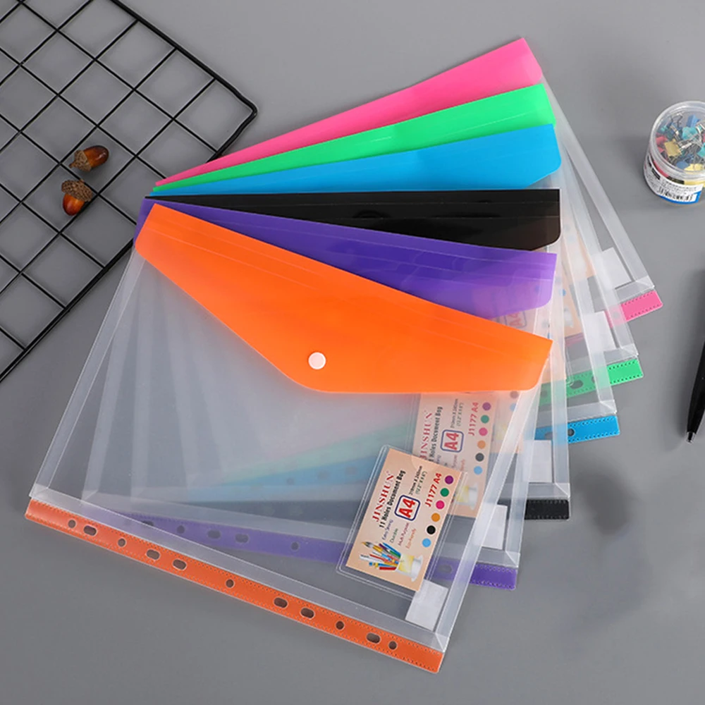 

Random Color A4 Document Storage Bag With Snap Clear 11 Holes File Folders Vertical Horizontal Binder Pocket Office Supplies