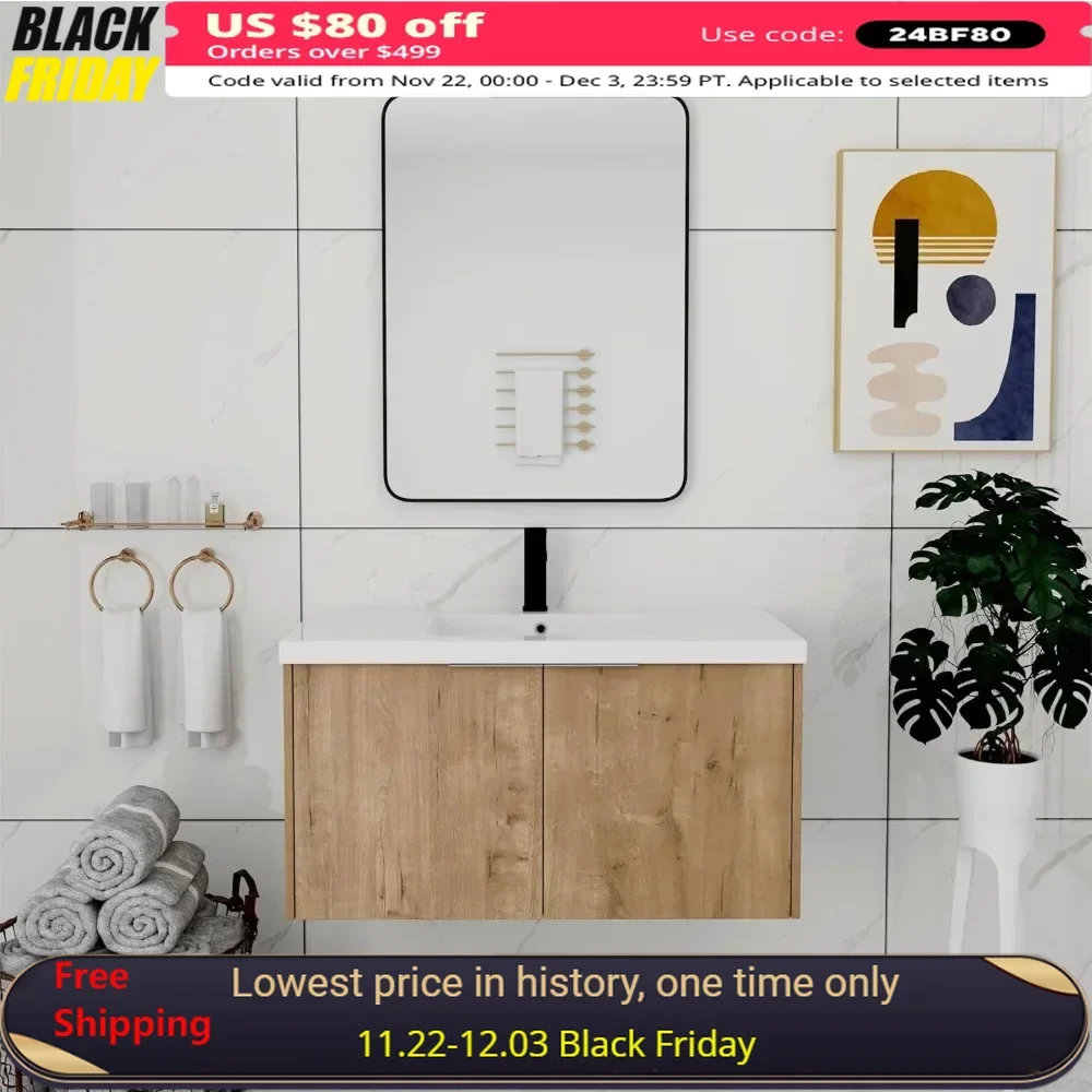 36 Inch Bathroom Vanity with Ceramic Sink and Soft Close Door, Modern Wall Mount Floating Bathroom Vanity Set