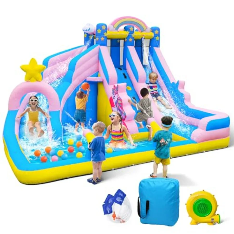 

Inflatable Water Slide 6 in 1 Blow Up Bounce House for 3-12 Years - Climbing Wall Splash Pool Cannon 2 Slides Basketball Rim -
