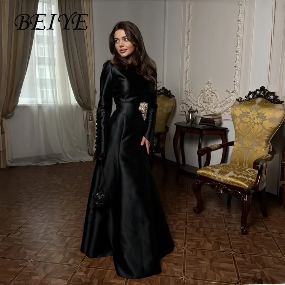 

BEIYE Vintage Black Satin Long Sleeve A-Line Evening Dress O-Neck Flowers Prom Dress Party Gown Customized فساتين سهرة
