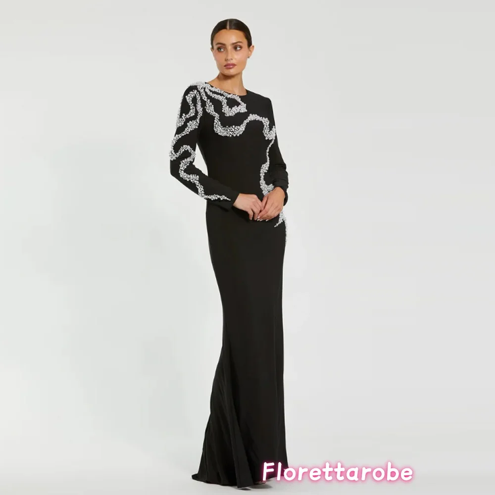 

Customized Modest Full Sleeves O Neck Evening Dress Pearls Beading Saudi Arabia Prom Gown Formal Occasion Party Dresses