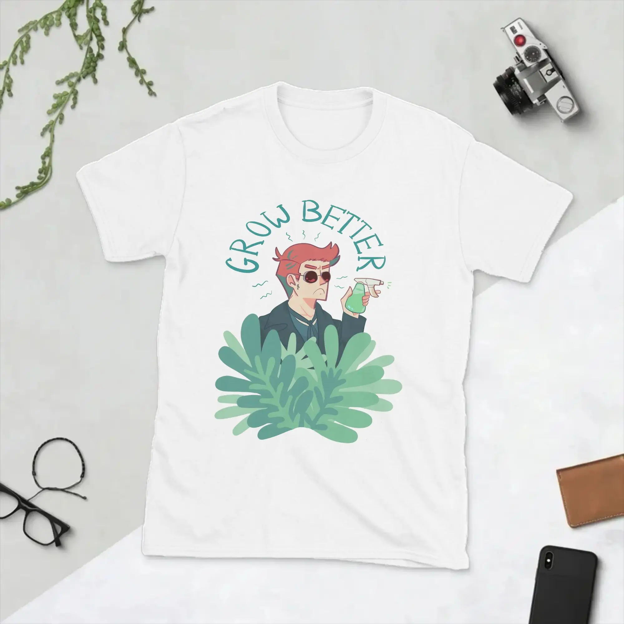 Good Omens T-Shirts Men Crowley and Plant Funny 100% Cotton Tee Shirt Round Collar Short Sleeve T Shirt Party Clothes